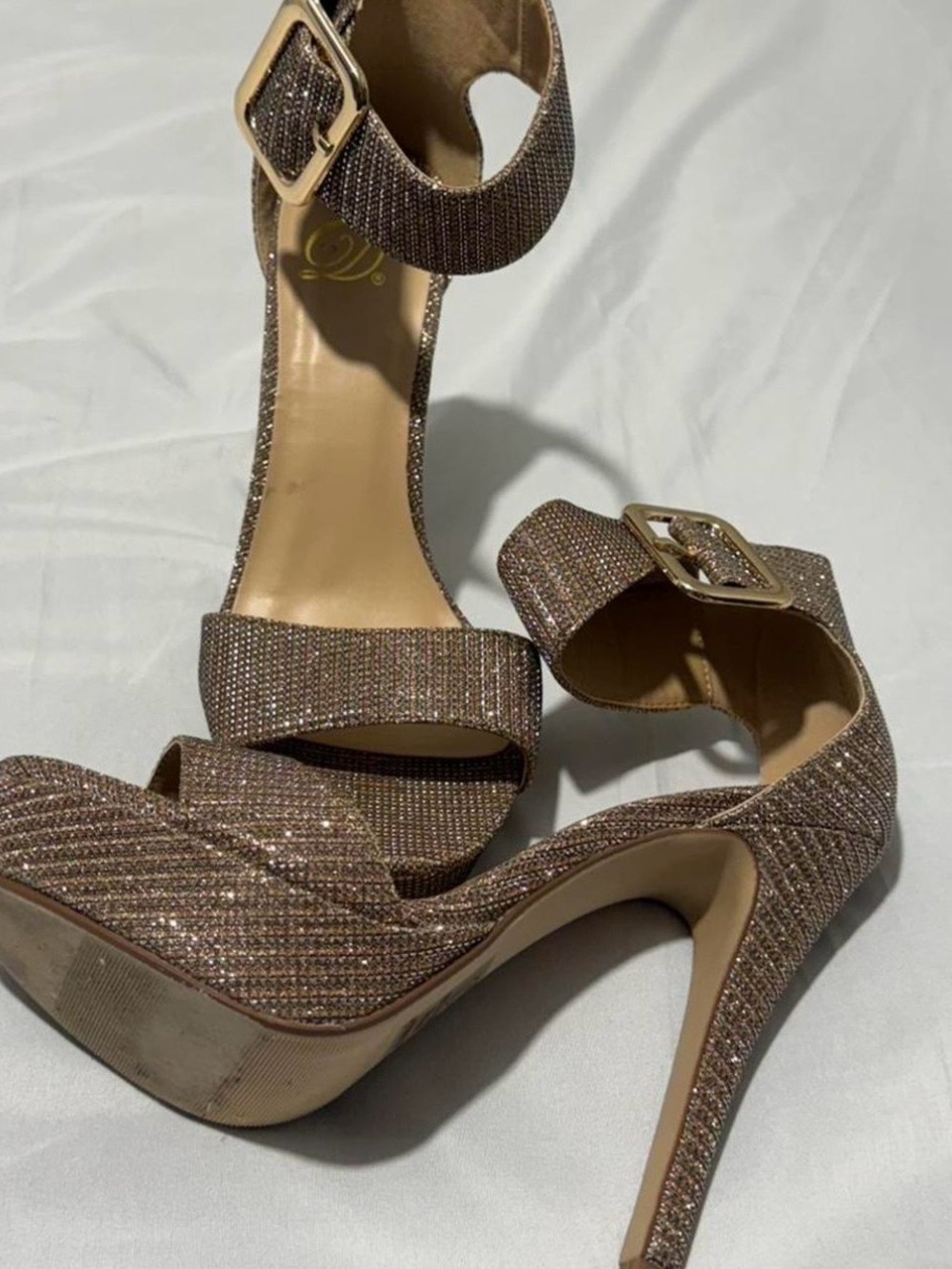 Sparkle Ankle-Strap High Heel Sandals in Rose Gold